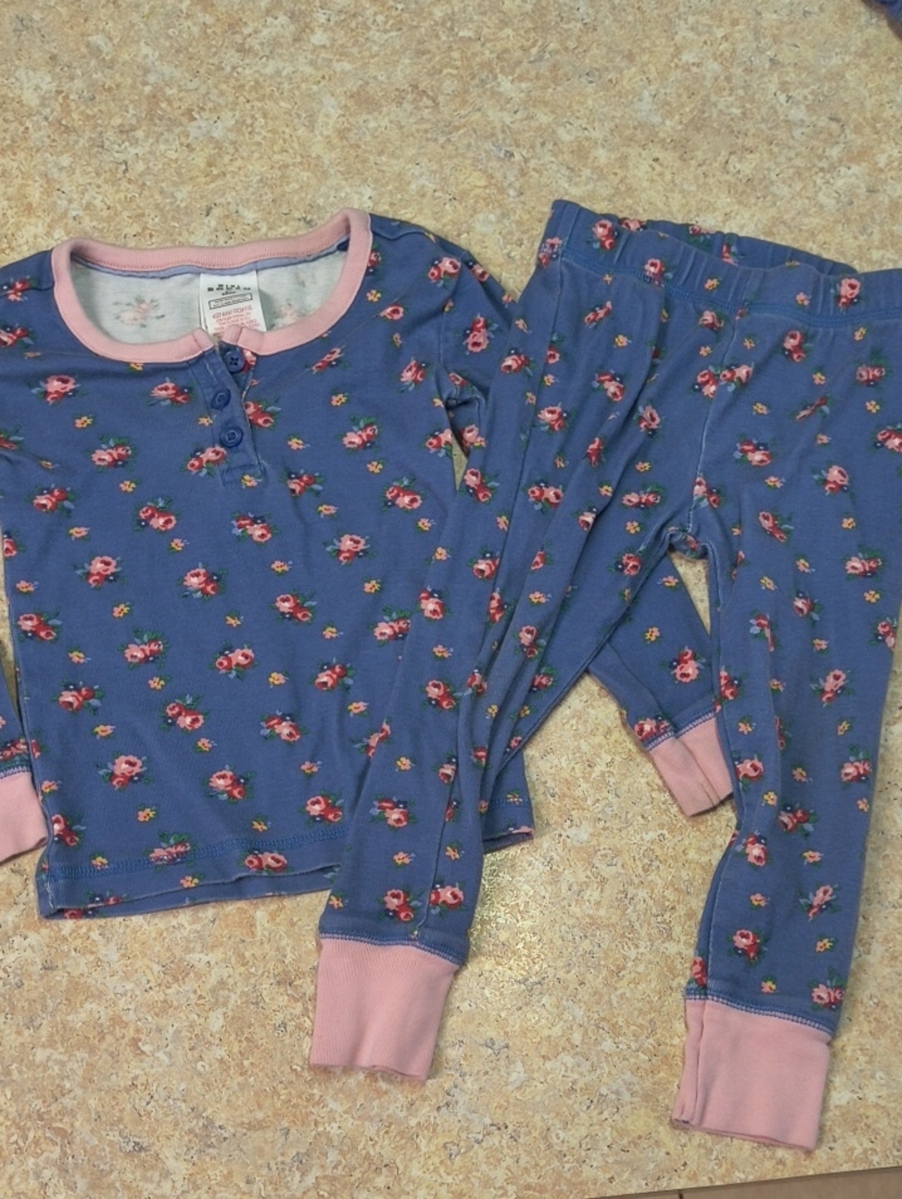 Mini Boden Blue Floral Pajama Set with Pink Trim